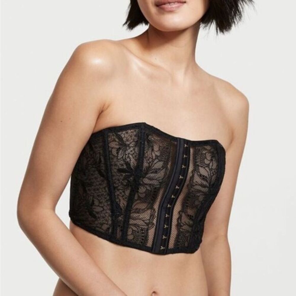 Victoria's Secret Size M Strapless Corset Tank Top‎ Black Lace Mesh Crop New